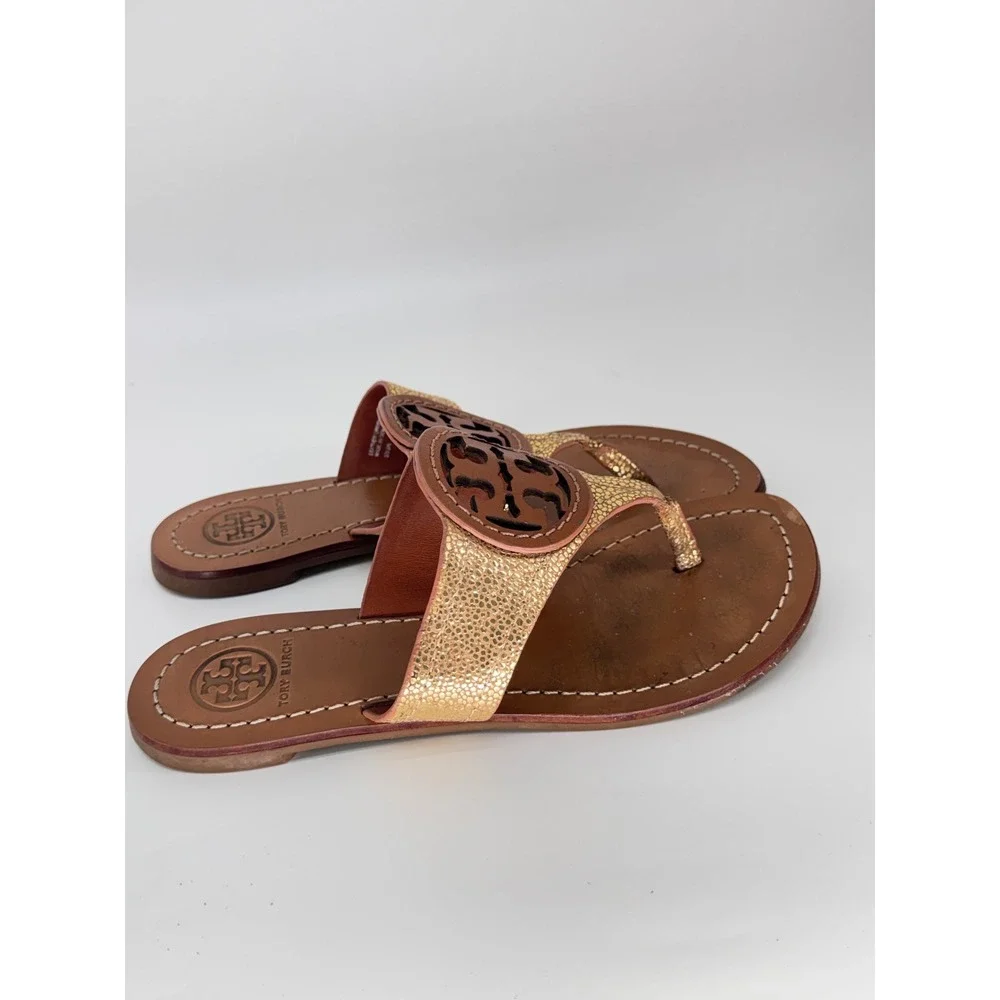 Tory Burch Miller Metallic Gold Leather Logo Thong Sandals Women's 5.5